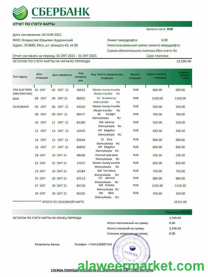 Russia Sberbank bank statement easy to fill template in Excel and PDF format